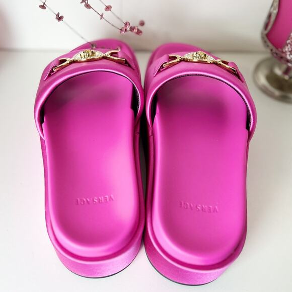 Versace Medusa Biggie Satin Embellished Platform Slide Sandals Pink Size 8.5 NWB - Picture 9 of 16